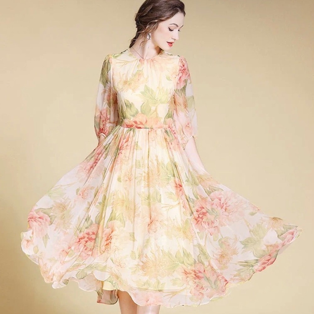 SlipIntoSoft Womens Floral Mulberry Silk Cottagecore Romantic Midi Dress Size S